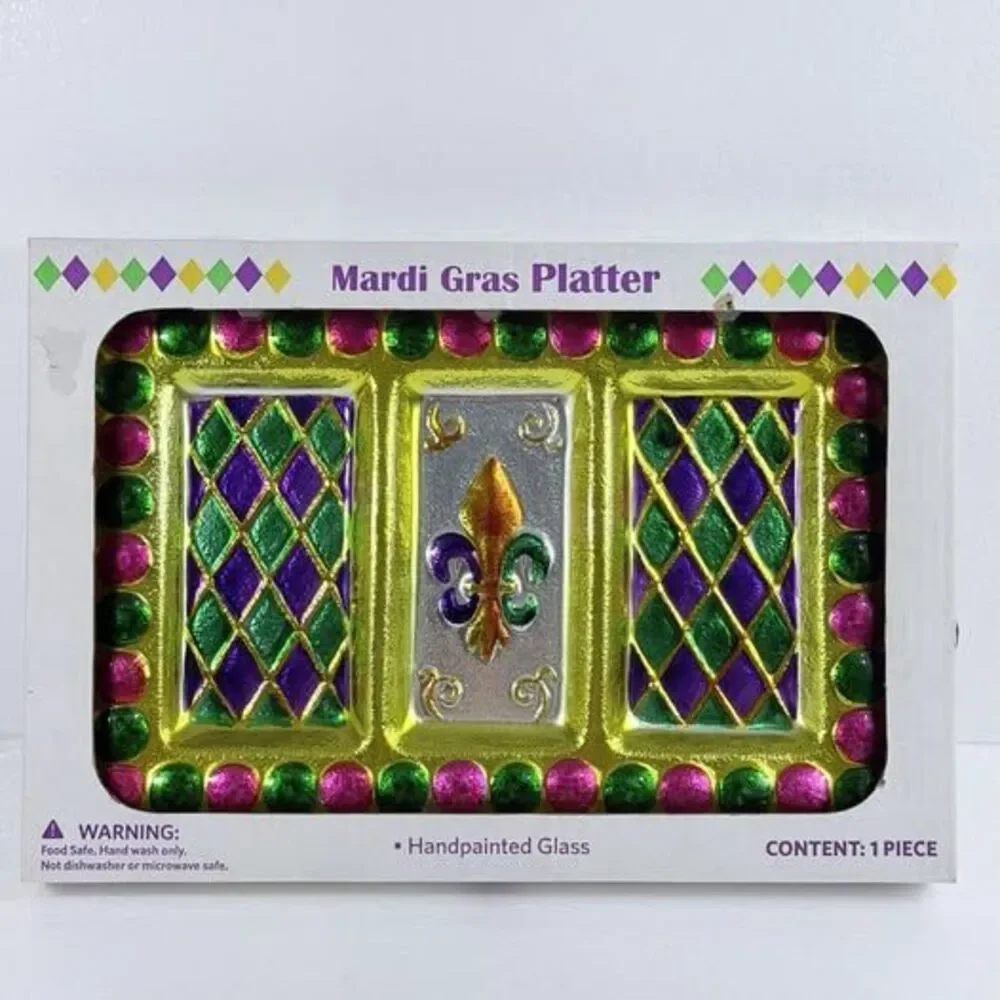 Mardi Gras Platter Handpainted Glass Serving Tray Fleur De Lis Diamond New Box